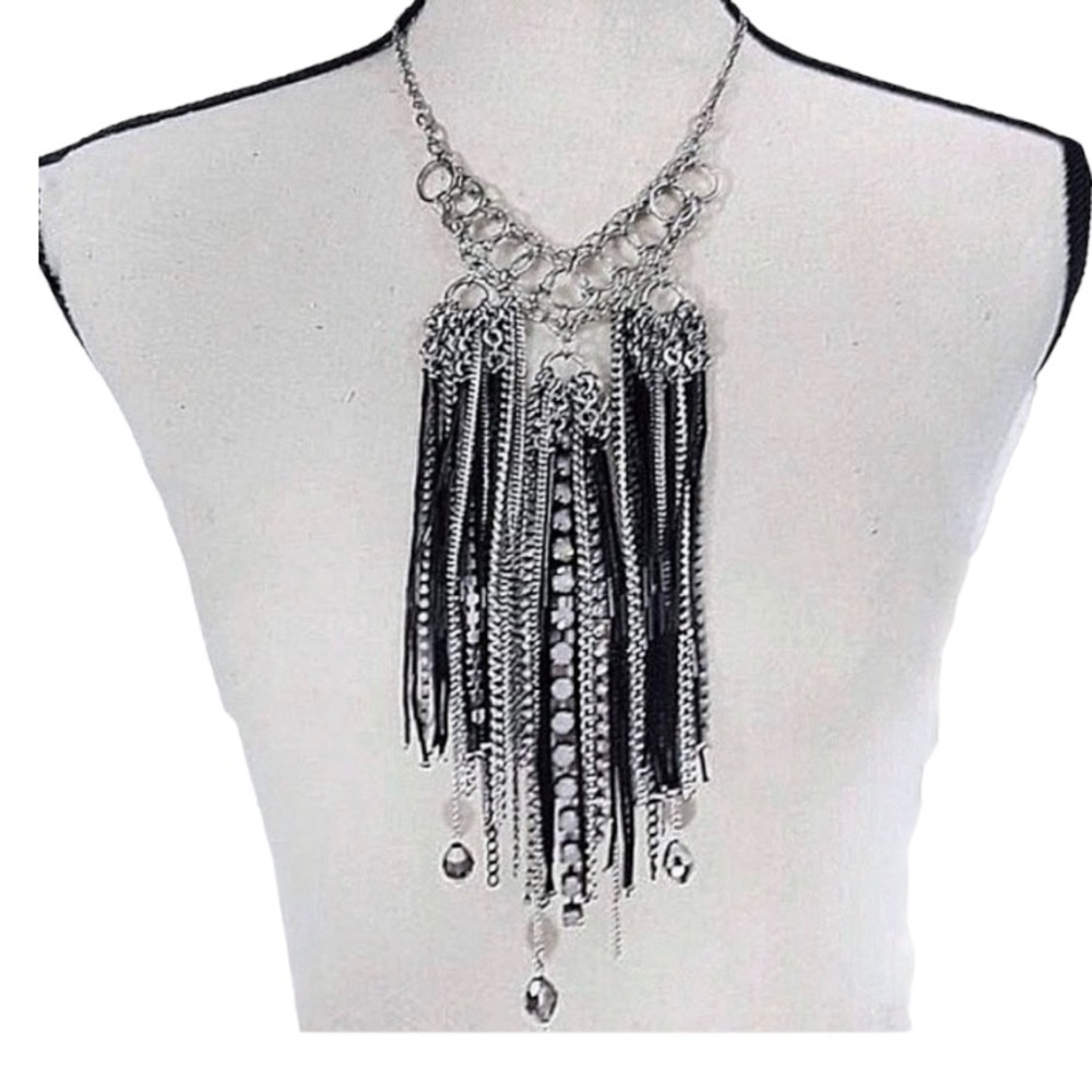 Express black beaded and silver chain statement necklace